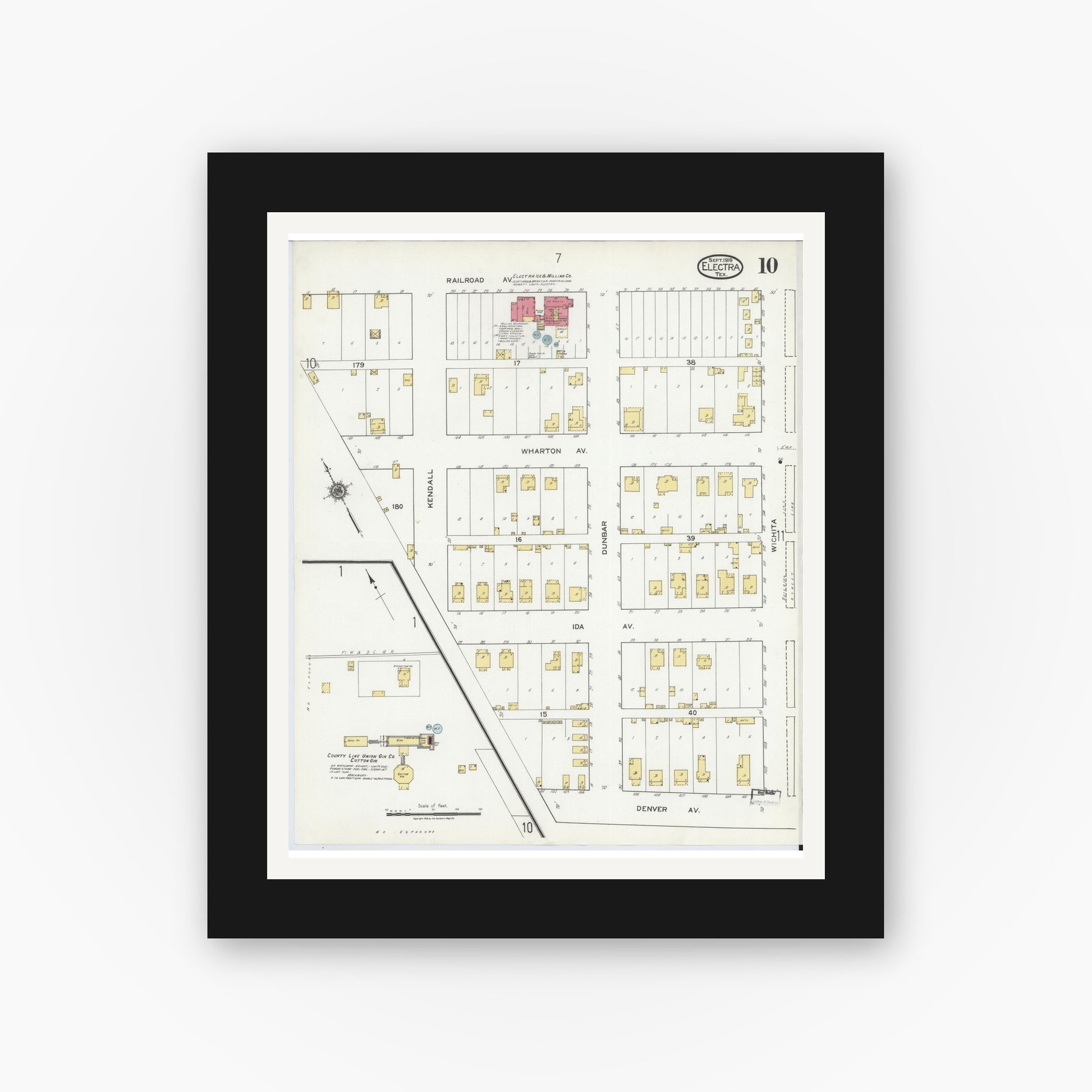 Old map wall art mockup — black gallery frame with white mat — Sanborn Fire Insurance Map from Electra, Wichita County, Texas (1919), Sheet #0010