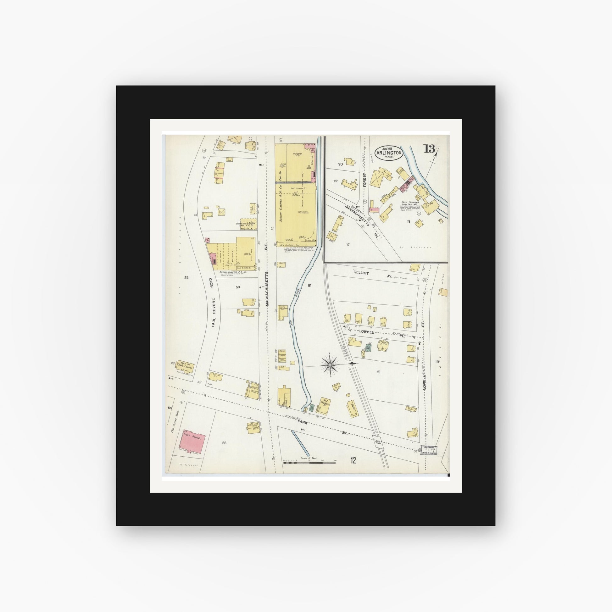 Old map wall art mockup — black gallery frame with white mat — Sanborn Fire Insurance Map from Arlington, Middlesex County, Massachusetts (1903), Sheet #0013