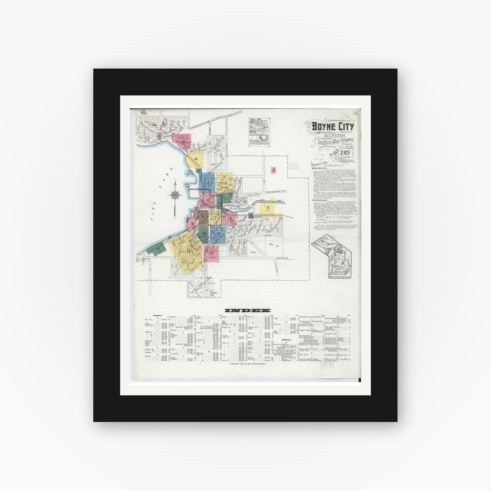 Old map wall art mockup — black gallery frame with white mat — Sanborn Fire Insurance Map from Boyne City, Charlevoix County, Michigan (1919) - Complete Map Set