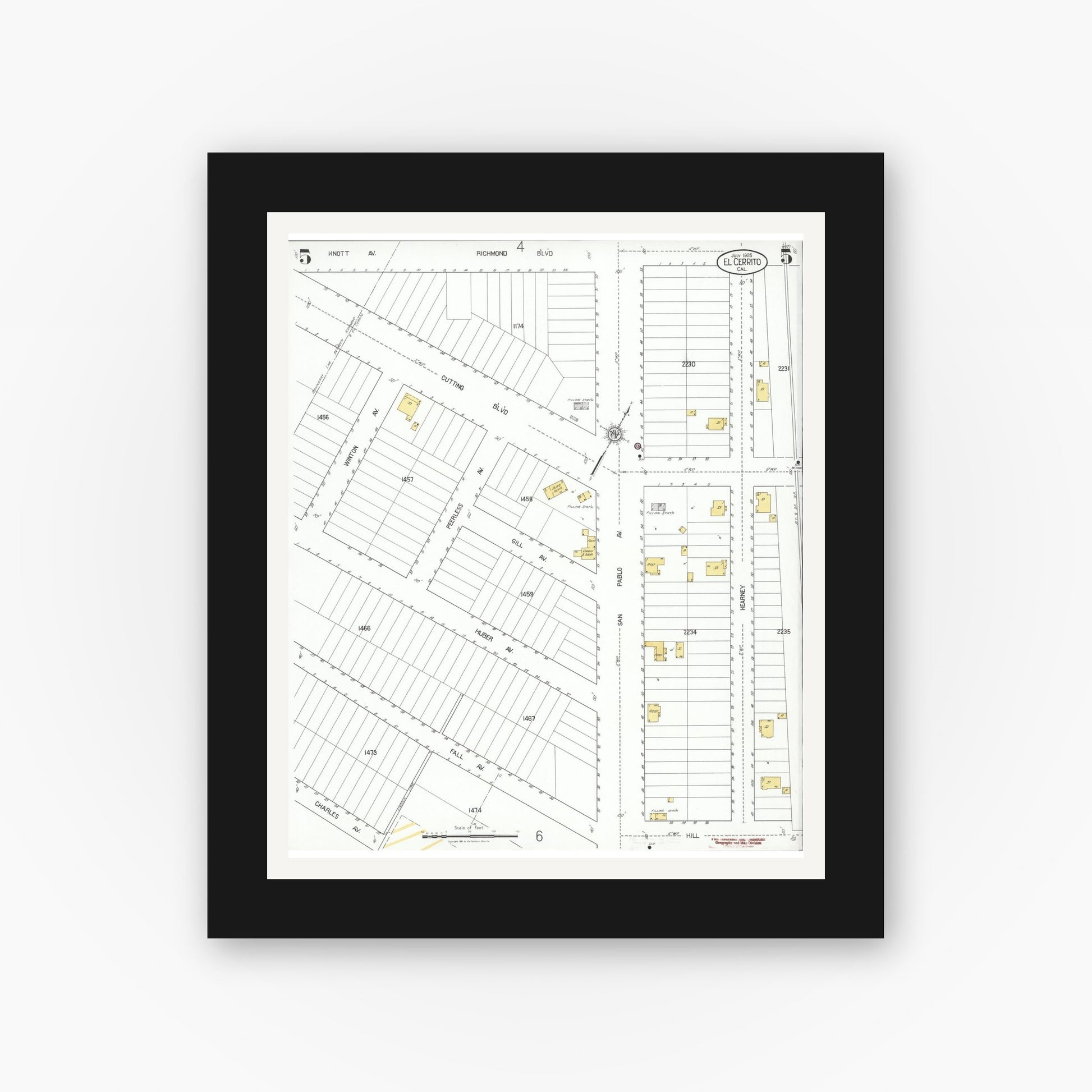 Old map wall art mockup — black gallery frame with white mat — Sanborn Fire Insurance Map from El Cerrito, Contra Costa County, California (1926), Sheet #0005