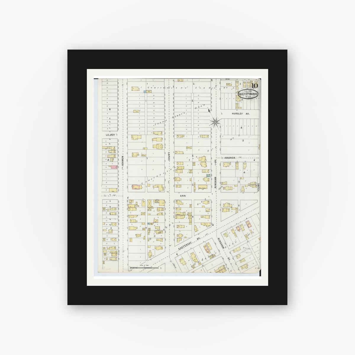 Old map wall art mockup — black gallery frame with white mat — Sanborn Fire Insurance Map from Sault Sainte Marie, Chippewa County, Michigan (1895), Sheet #0010