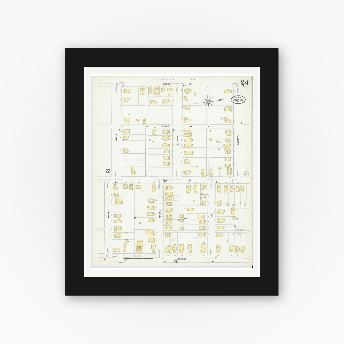 Old map wall art mockup — black gallery frame with white mat — Sanborn Fire Insurance Map from Corning, Steuben County, New York (1908), Sheet #0024