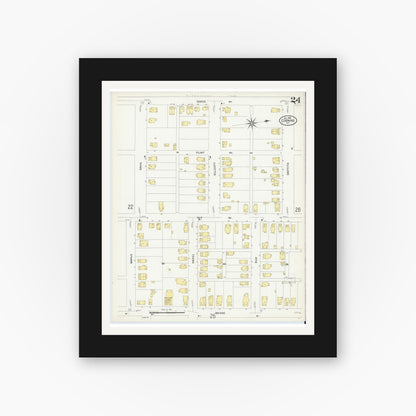 Old map wall art mockup — black gallery frame with white mat — Sanborn Fire Insurance Map from Corning, Steuben County, New York (1908), Sheet #0024
