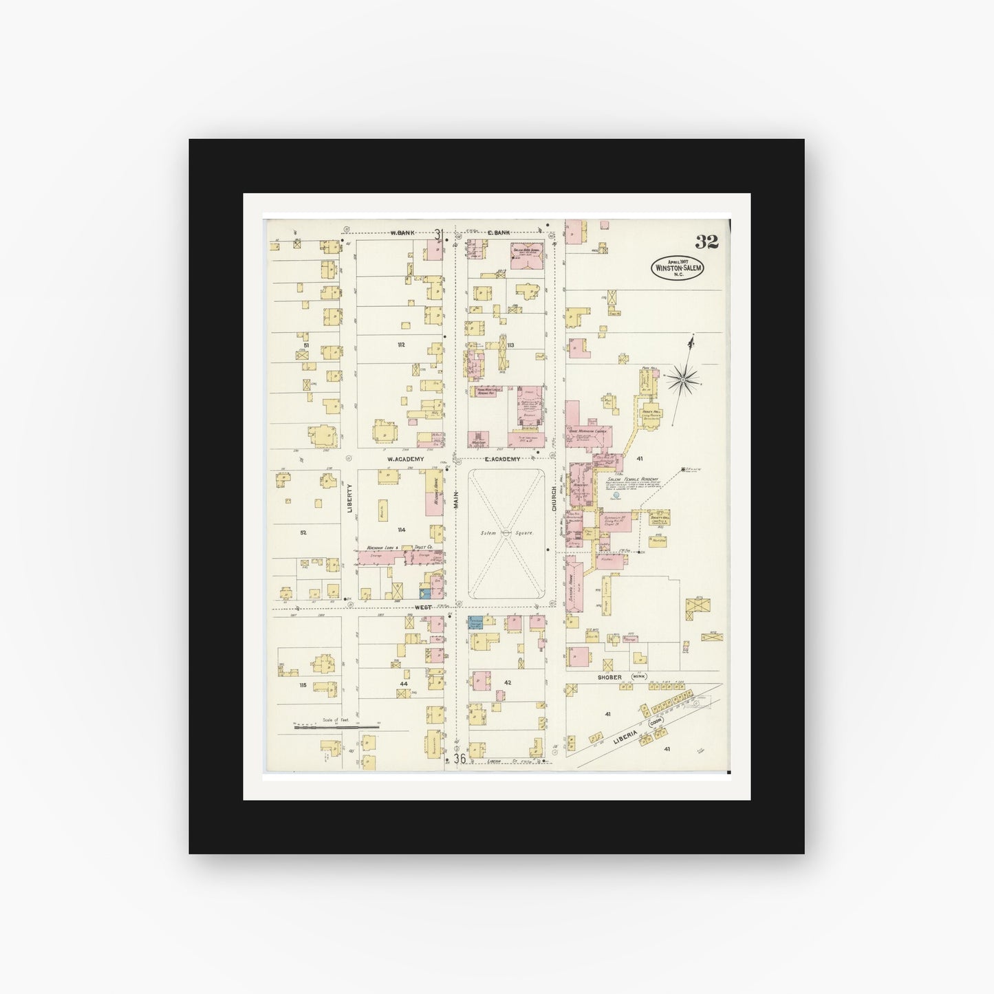 Old map wall art mockup — black gallery frame with white mat — Sanborn Fire Insurance Map from Winston-Salem, Forsyth County, North Carolina (1907), Sheet #0032
