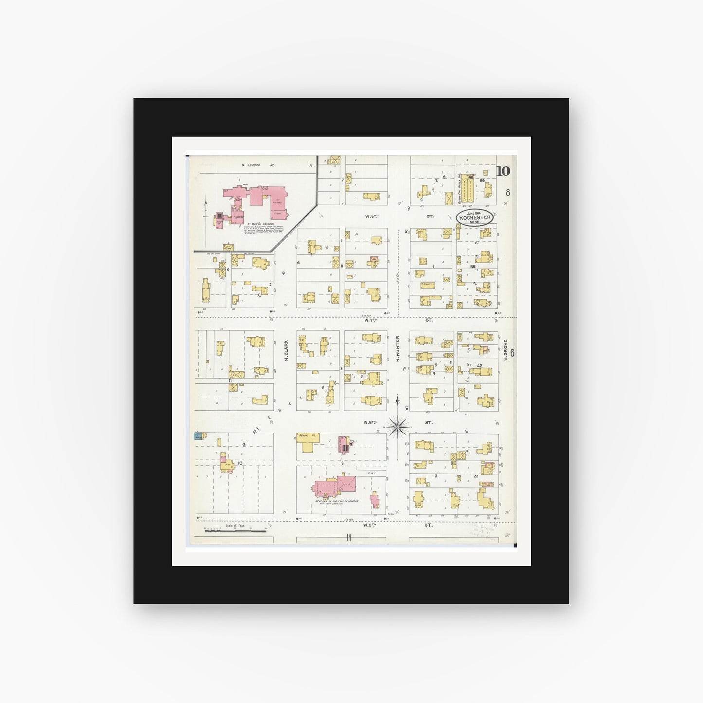 Old map wall art mockup — black gallery frame with white mat — Sanborn Fire Insurance Map from Rochester, Olmsted County, Minnesota (1904), Sheet #0010