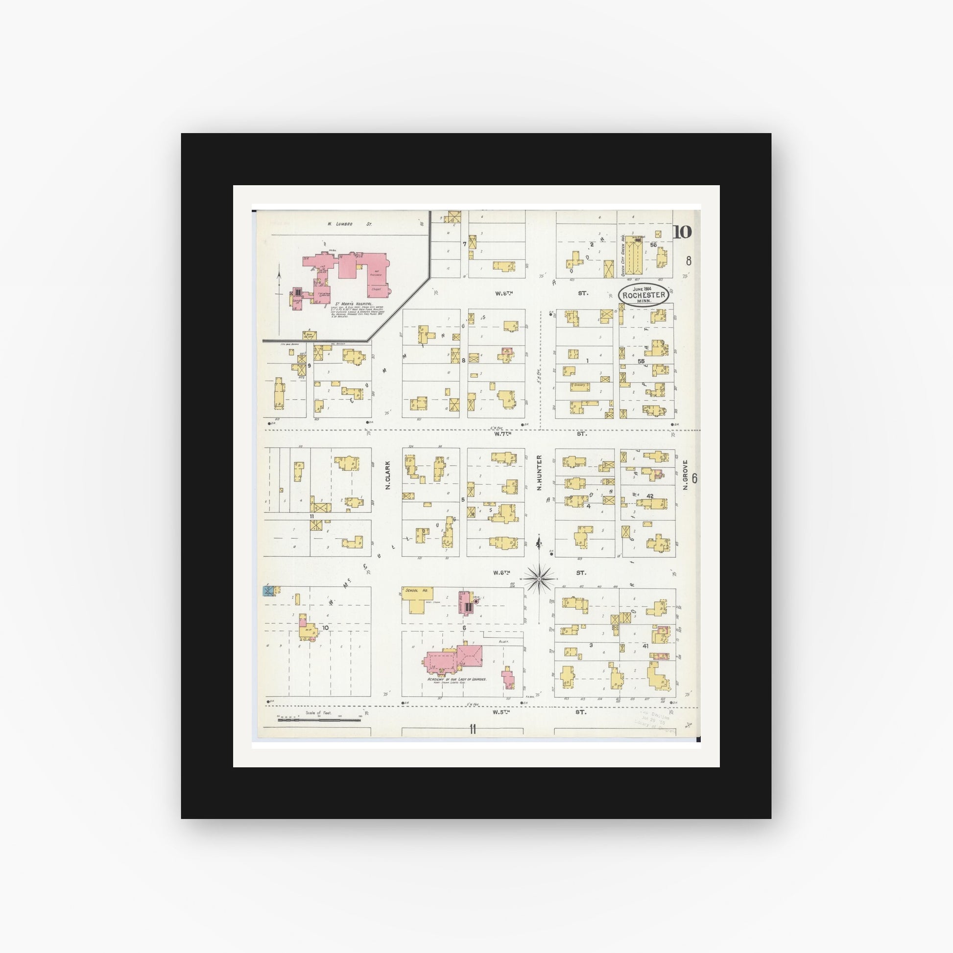 Old map wall art mockup — black gallery frame with white mat — Sanborn Fire Insurance Map from Rochester, Olmsted County, Minnesota (1904), Sheet #0010