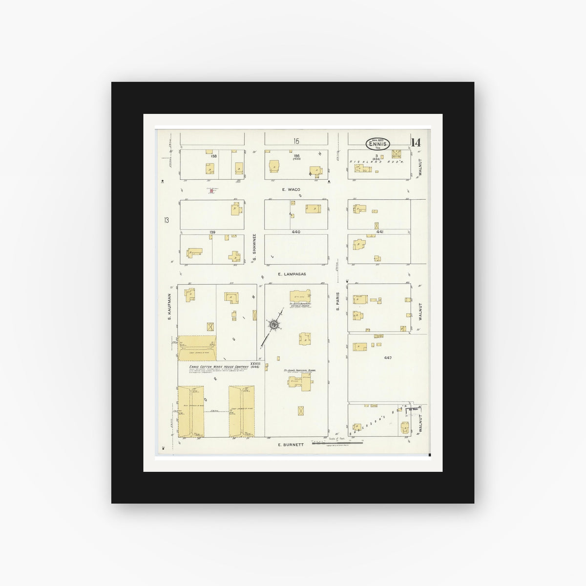 Old map wall art mockup — black gallery frame with white mat — Sanborn Fire Insurance Map from Ennis, Ellis County, Texas (1920), Sheet #0014