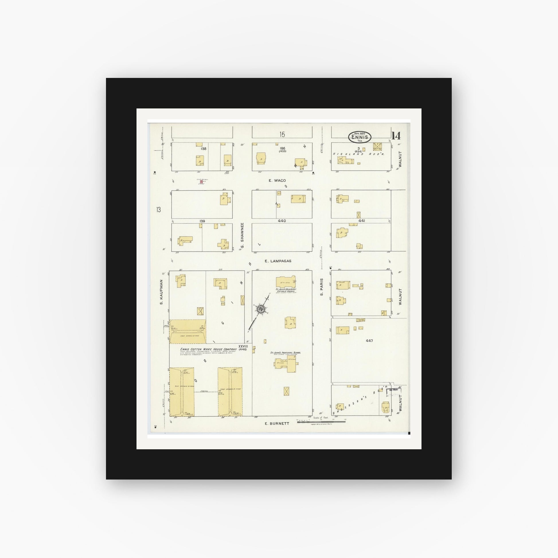 Old map wall art mockup — black gallery frame with white mat — Sanborn Fire Insurance Map from Ennis, Ellis County, Texas (1920), Sheet #0014