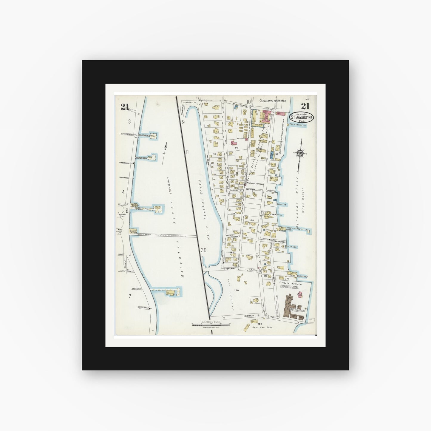 Old map wall art mockup — black gallery frame with white mat — Sanborn Fire Insurance Map from Saint Augustine, Saint John's County, Florida (1924), Sheet #0021