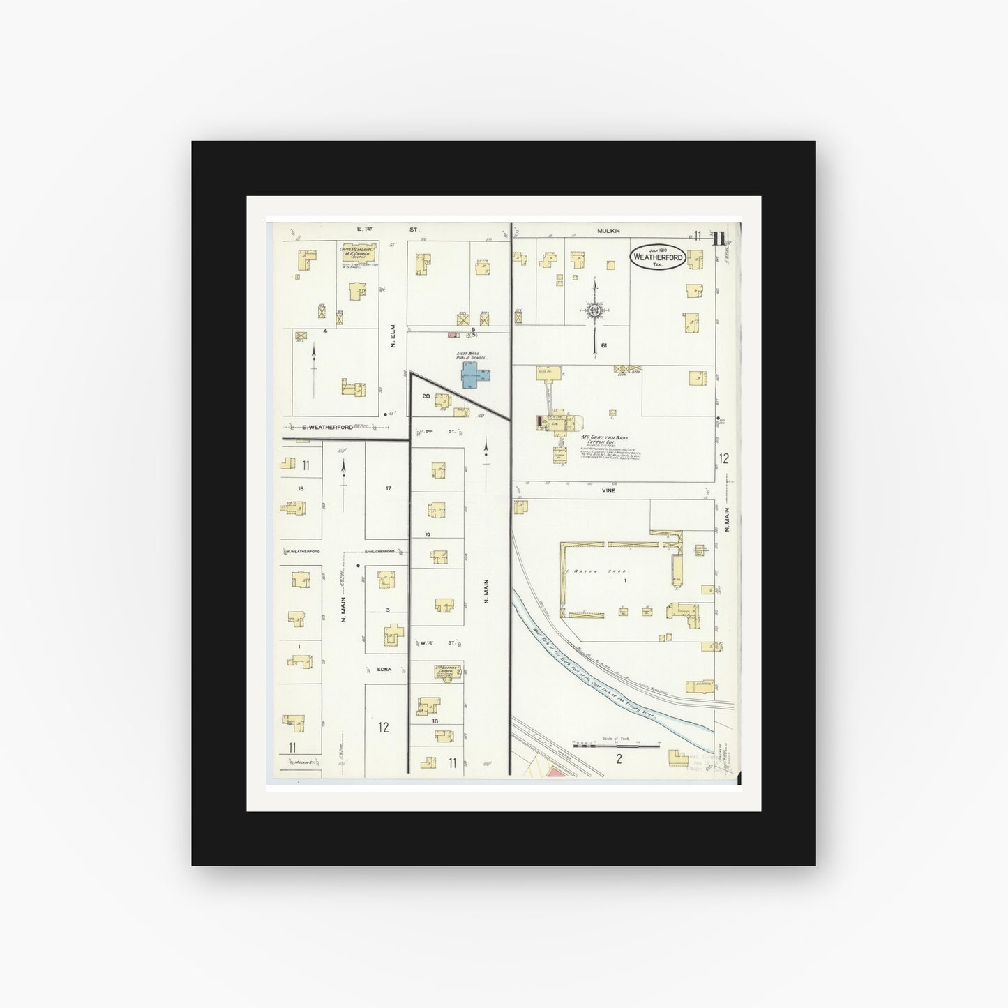 Old map wall art mockup — black gallery frame with white mat — Sanborn Fire Insurance Map from Weatherford, Parker County, Texas (1910), Sheet #0011