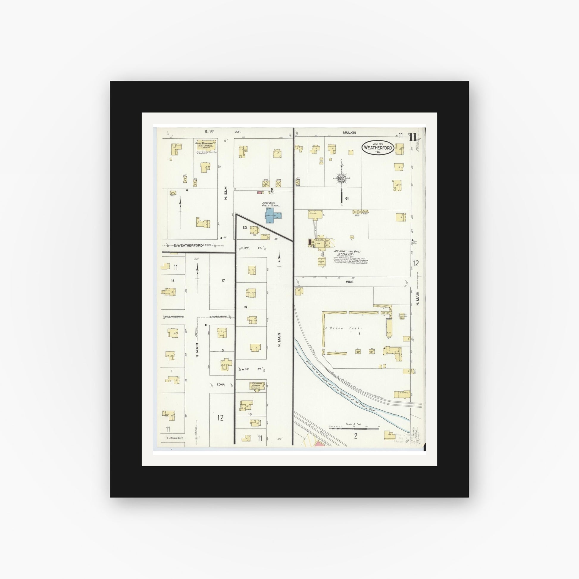 Old map wall art mockup — black gallery frame with white mat — Sanborn Fire Insurance Map from Weatherford, Parker County, Texas (1910), Sheet #0011