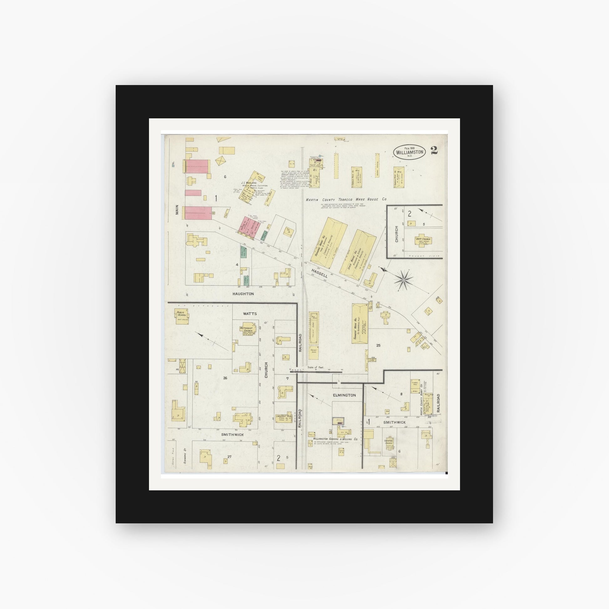 Old map wall art mockup — black gallery frame with white mat — Sanborn Fire Insurance Map from Williamston, Martin County, North Carolina (1908), Sheet #0002
