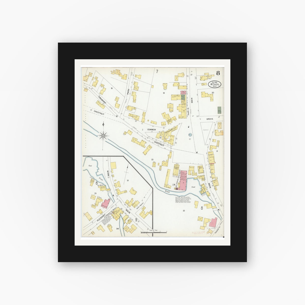 Old map wall art mockup — black gallery frame with white mat — Sanborn Fire Insurance Map from Athol, Worcester County, Massachusetts (1900), Sheet #0008
