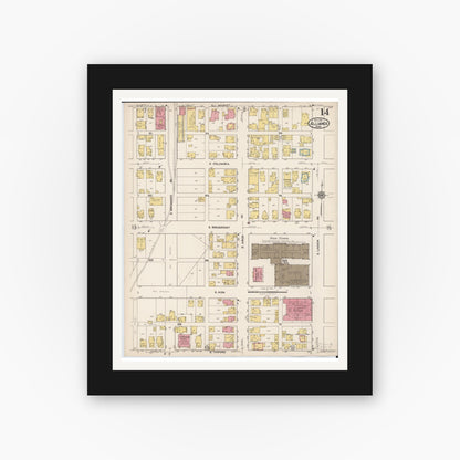 Old map wall art mockup — black gallery frame with white mat — Sanborn Fire Insurance Map from Alliance, Stark County, Ohio (1921), Sheet #0014