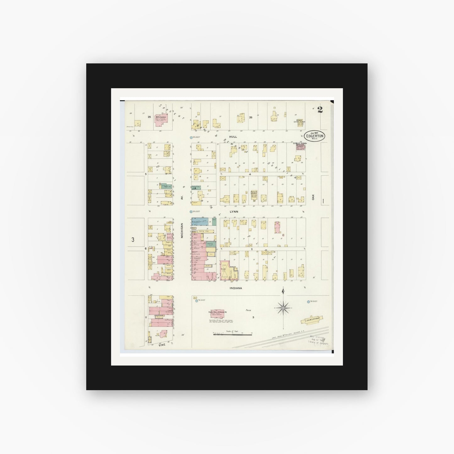 Old map wall art mockup — black gallery frame with white mat — Sanborn Fire Insurance Map from Edgerton, Williams County, Ohio (1908), Sheet #0002
