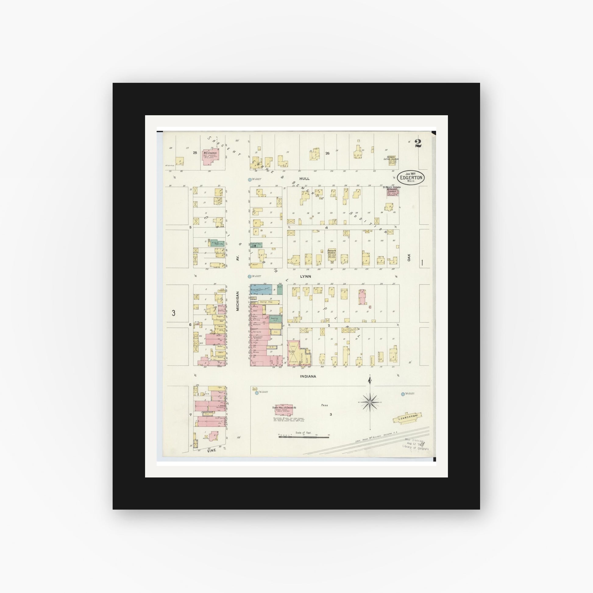 Old map wall art mockup — black gallery frame with white mat — Sanborn Fire Insurance Map from Edgerton, Williams County, Ohio (1908), Sheet #0002