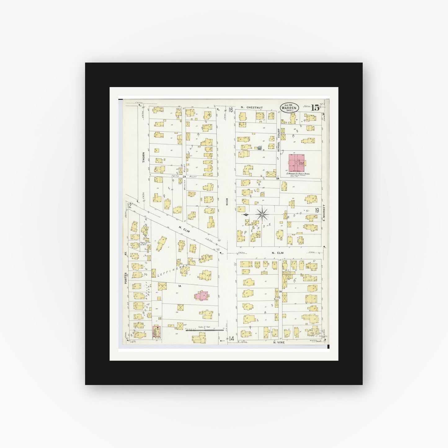 Old map wall art mockup — black gallery frame with white mat — Sanborn Fire Insurance Map from Warren, Trumbull County, Ohio (1908), Sheet #0015