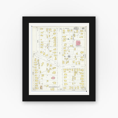 Old map wall art mockup — black gallery frame with white mat — Sanborn Fire Insurance Map from Warren, Trumbull County, Ohio (1908), Sheet #0015