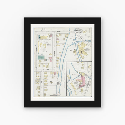 Old map wall art mockup — black gallery frame with white mat — Sanborn Fire Insurance Map from Hornell, Steuben County, New York (1888), Sheet #0006
