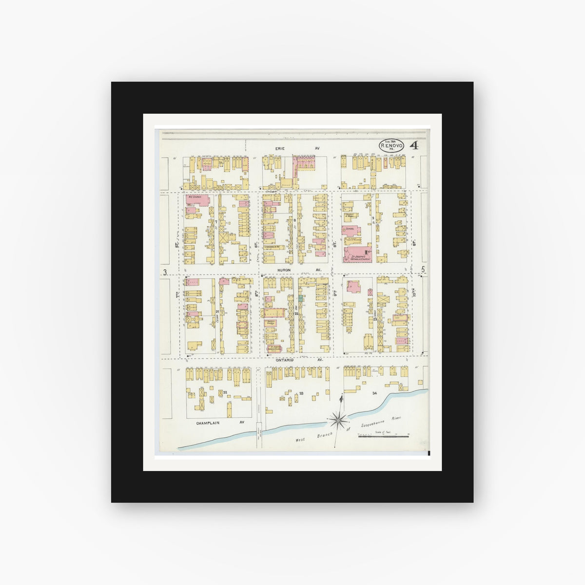Old map wall art mockup — black gallery frame with white mat — Sanborn Fire Insurance Map from Renovo, Clinton County, Pennsylvania (1904), Sheet #0004