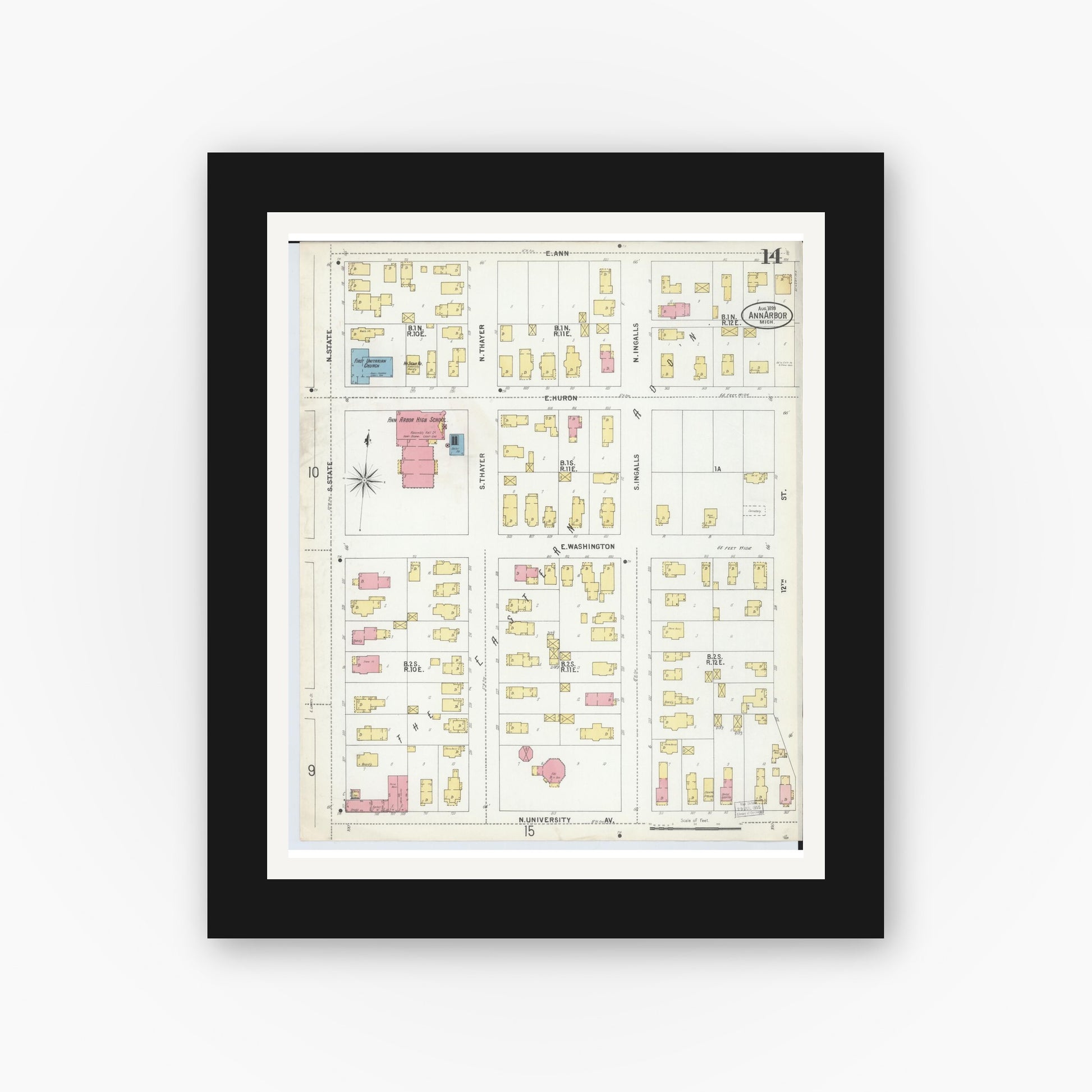 Old map wall art mockup — black gallery frame with white mat — Sanborn Fire Insurance Map from Ann Arbor, Washtenaw County, Michigan (1899), Sheet #0014