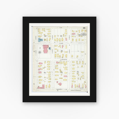 Old map wall art mockup — black gallery frame with white mat — Sanborn Fire Insurance Map from Ann Arbor, Washtenaw County, Michigan (1899), Sheet #0014