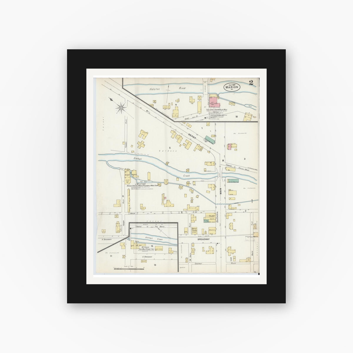 Old map wall art mockup — black gallery frame with white mat — Sanborn Fire Insurance Map from Marion, Smyth County, Virginia (1897), Sheet #0002