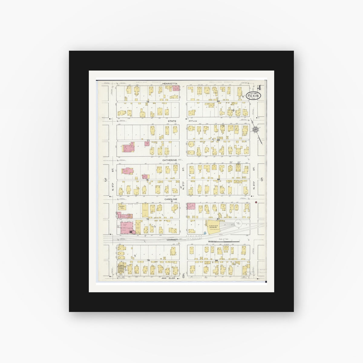 Old map wall art mockup — black gallery frame with white mat — Sanborn Fire Insurance Map from Pekin, Tazewell County, Illinois (1916), Sheet #0004