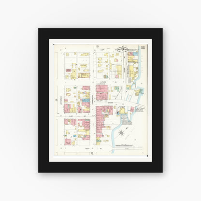 Old map wall art mockup — black gallery frame with white mat — Sanborn Fire Insurance Map from Waterloo, Black Hawk County, Iowa (1897), Sheet #0011