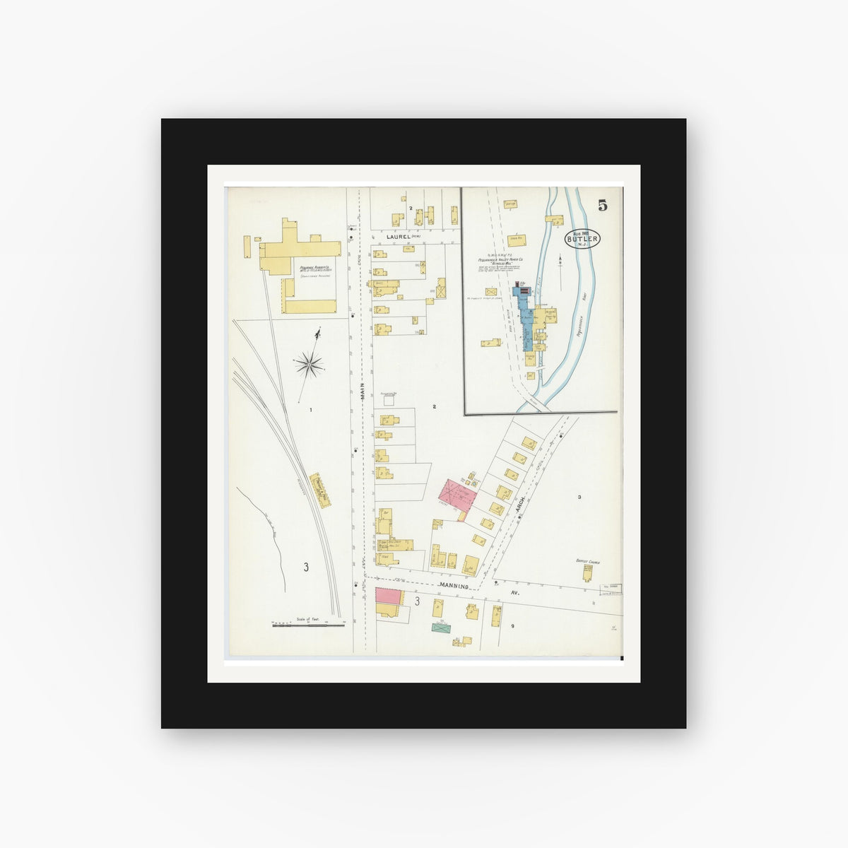 Old map wall art mockup — black gallery frame with white mat — Sanborn Fire Insurance Map from Butler, Morris County, New Jersey (1905), Sheet #0005