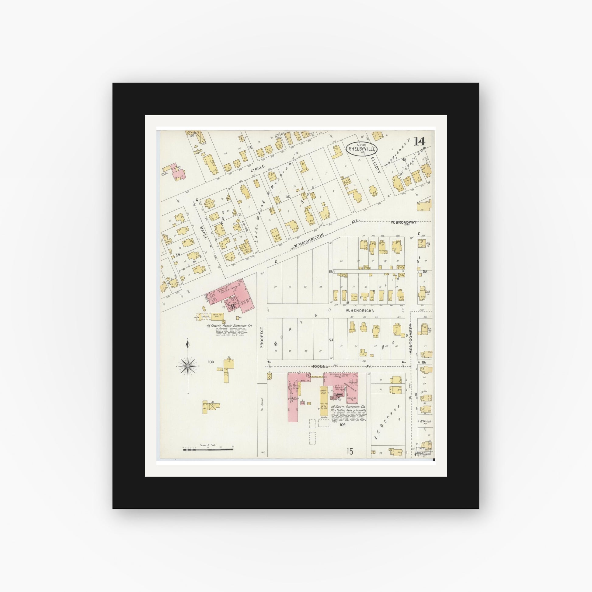 Old map wall art mockup — black gallery frame with white mat — Sanborn Fire Insurance Map from Shelbyville, Shelby County, Indiana (1898), Sheet #0014