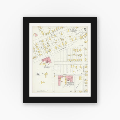 Old map wall art mockup — black gallery frame with white mat — Sanborn Fire Insurance Map from Shelbyville, Shelby County, Indiana (1898), Sheet #0014