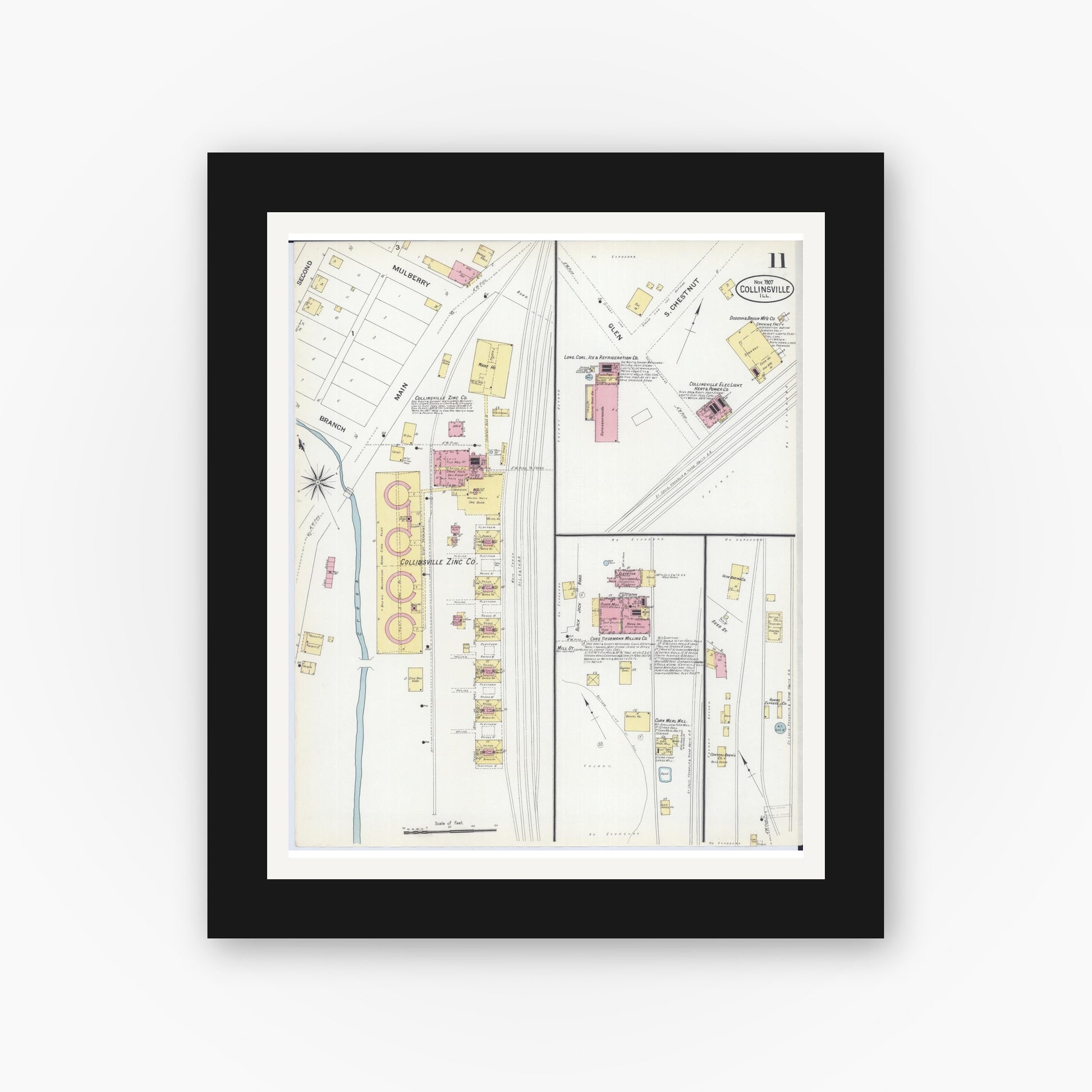 Old map wall art mockup — black gallery frame with white mat — Sanborn Fire Insurance Map from Collinsville, Madison County, Illinois (1907), Sheet #0011