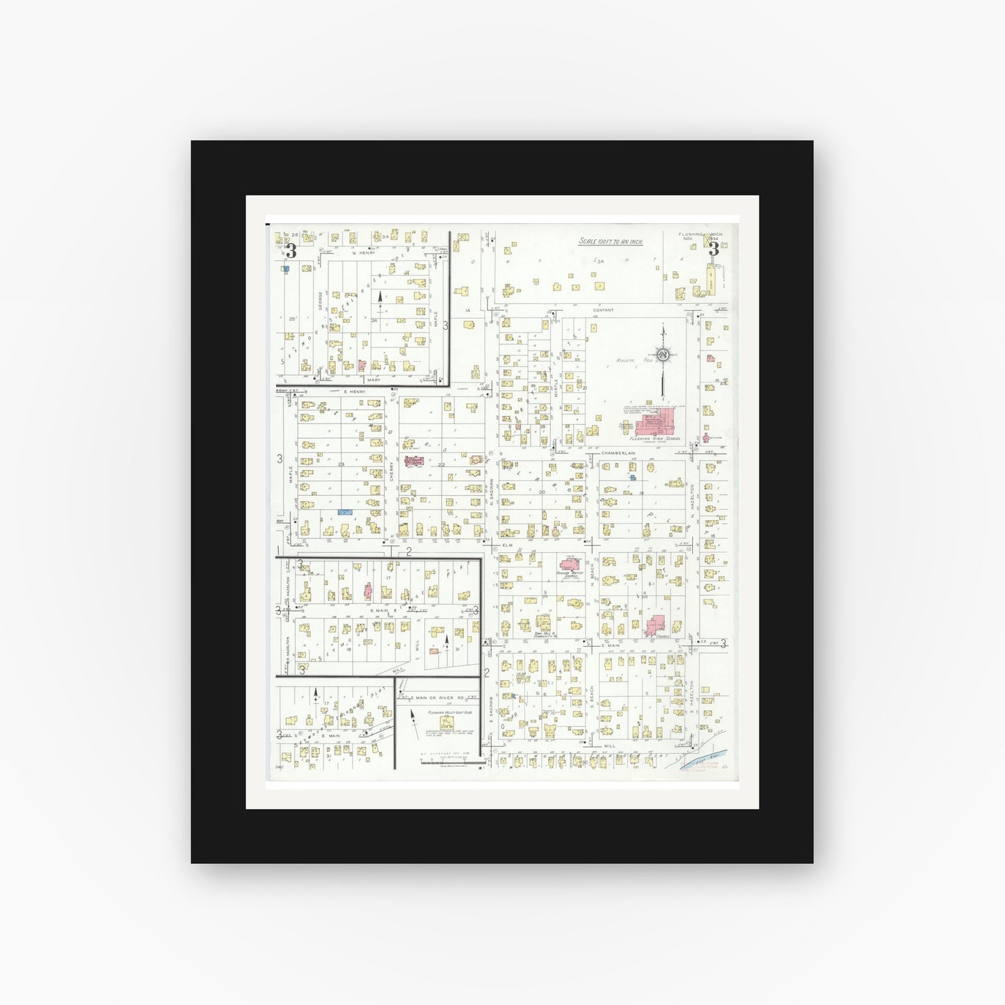 Old map wall art mockup — black gallery frame with white mat — Sanborn Fire Insurance Map from Flushing, Genesee County, Michigan (1934), Sheet #0003