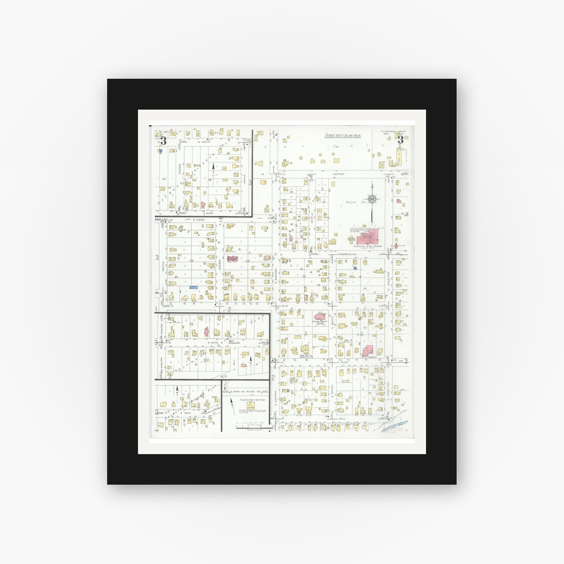 Old map wall art mockup — black gallery frame with white mat — Sanborn Fire Insurance Map from Flushing, Genesee County, Michigan (1934), Sheet #0003