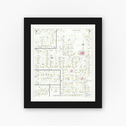 Old map wall art mockup — black gallery frame with white mat — Sanborn Fire Insurance Map from Flushing, Genesee County, Michigan (1934), Sheet #0003