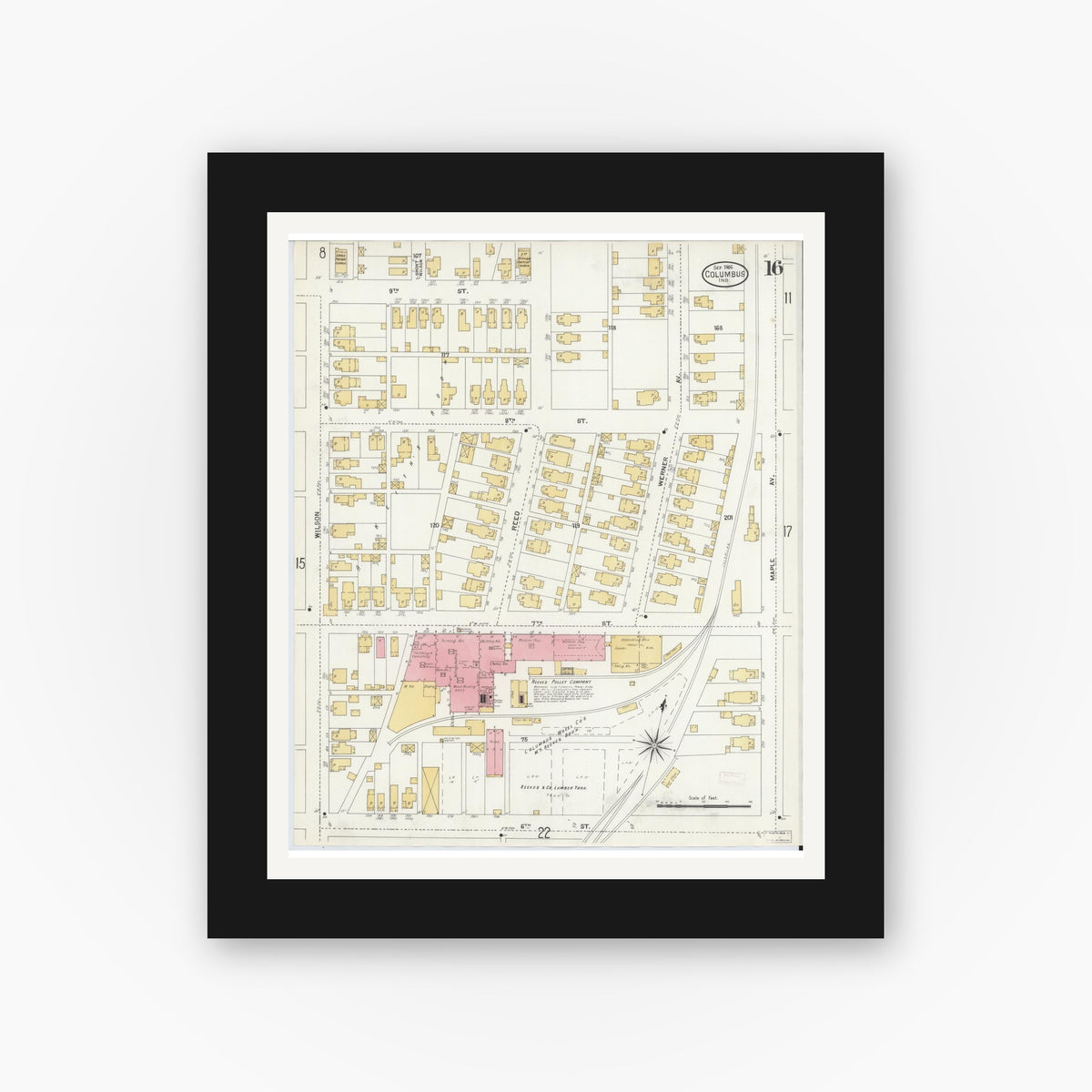 Old map wall art mockup — black gallery frame with white mat — Sanborn Fire Insurance Map from Columbus, Bartholomew County, Indiana (1906), Sheet #0016