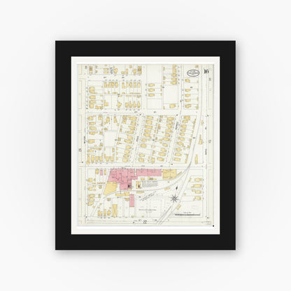 Old map wall art mockup — black gallery frame with white mat — Sanborn Fire Insurance Map from Columbus, Bartholomew County, Indiana (1906), Sheet #0016