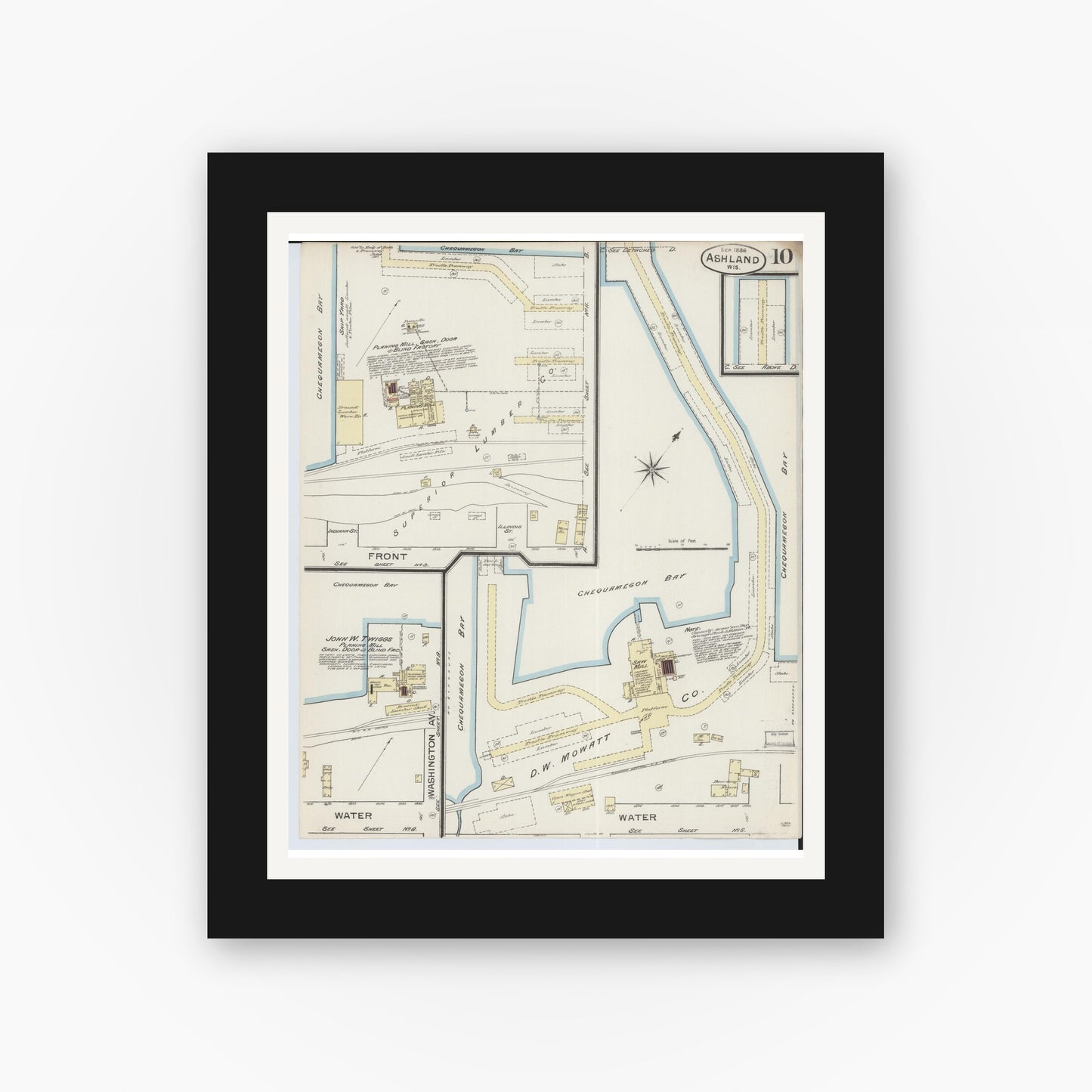 Old map wall art mockup — black gallery frame with white mat — Sanborn Fire Insurance Map from Ashland, Ashland County, Wisconsin (1886), Sheet #0010
