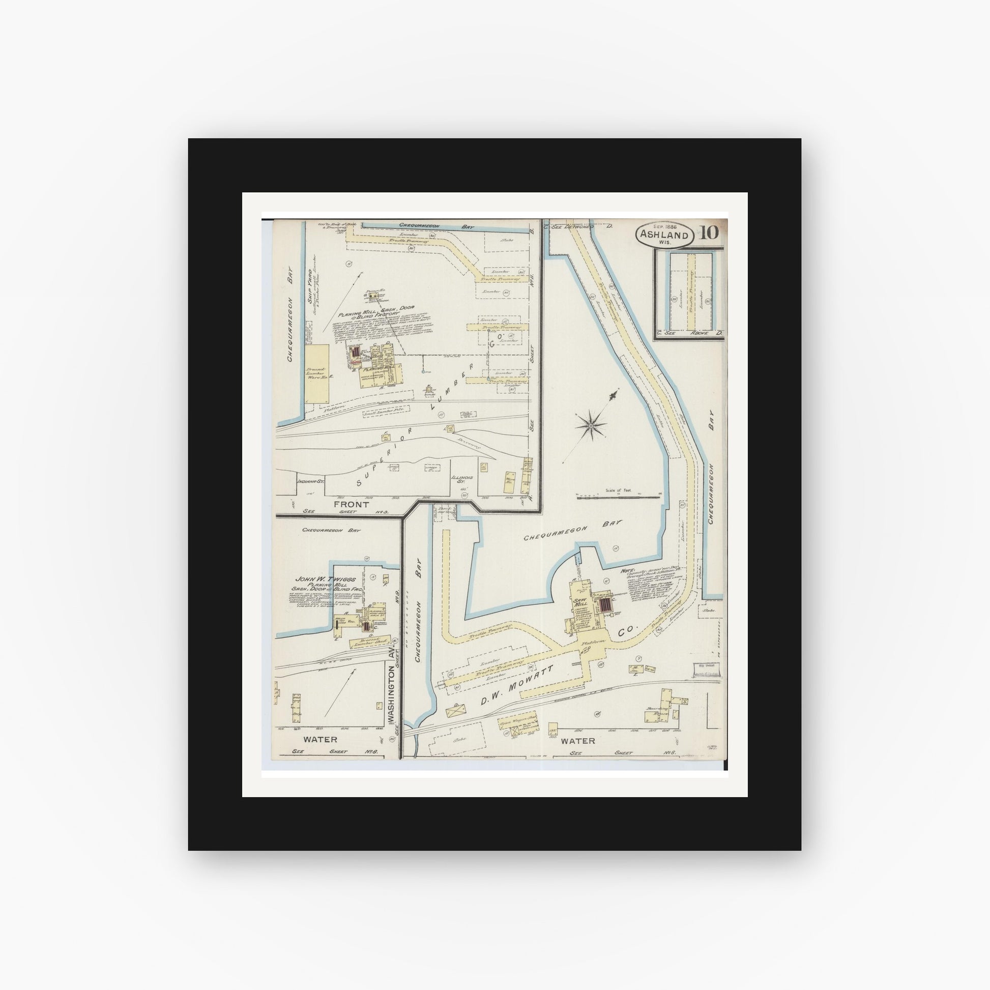 Old map wall art mockup — black gallery frame with white mat — Sanborn Fire Insurance Map from Ashland, Ashland County, Wisconsin (1886), Sheet #0010