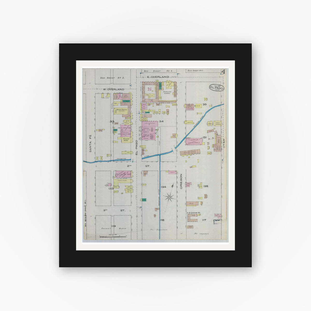 Old map wall art mockup — black gallery frame with white mat — Sanborn Fire Insurance Map from El Paso, El Paso County, Texas (1885), Sheet #0004