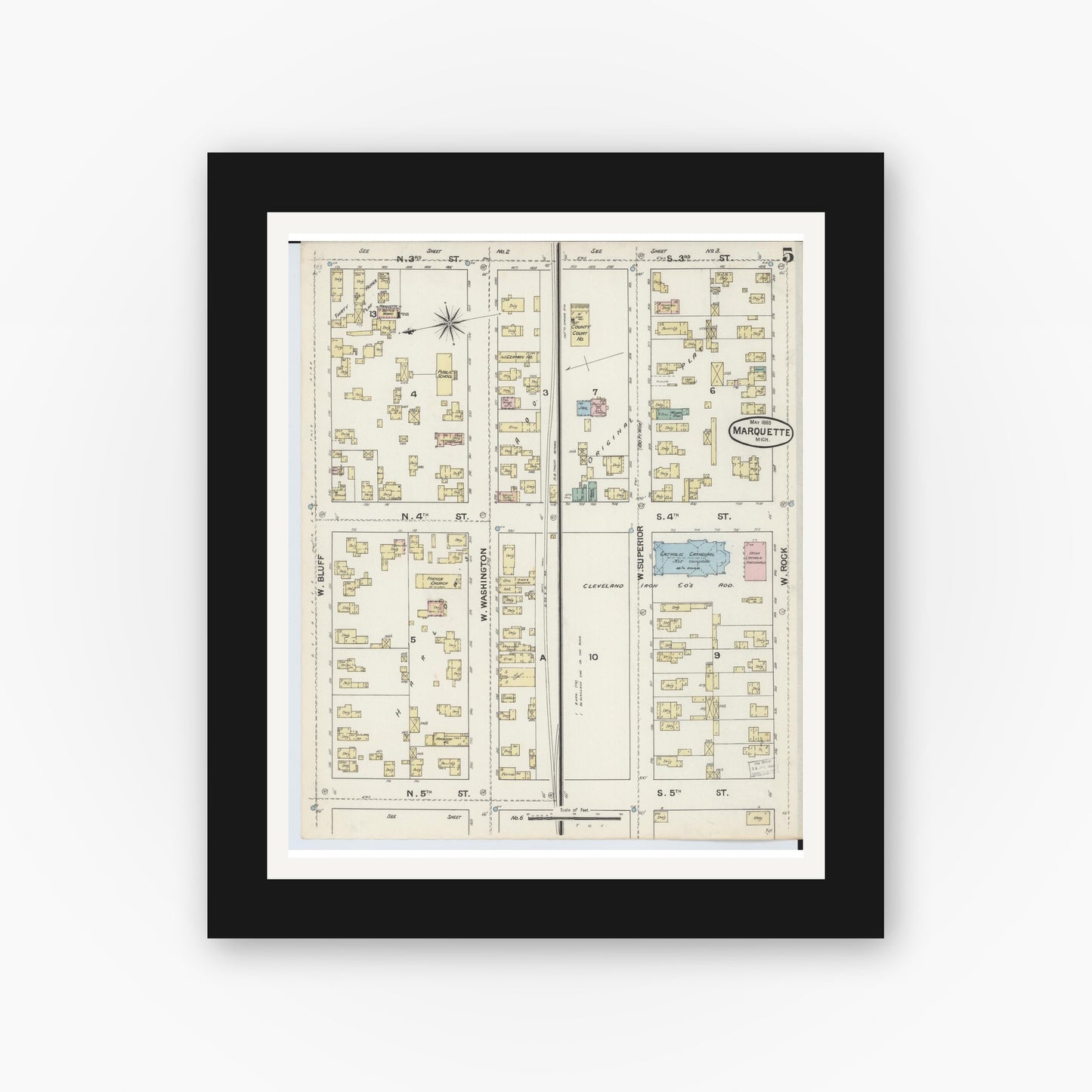 Old map wall art mockup — black gallery frame with white mat — Sanborn Fire Insurance Map from Marquette, Marquette County, Michigan (1888), Sheet #0005