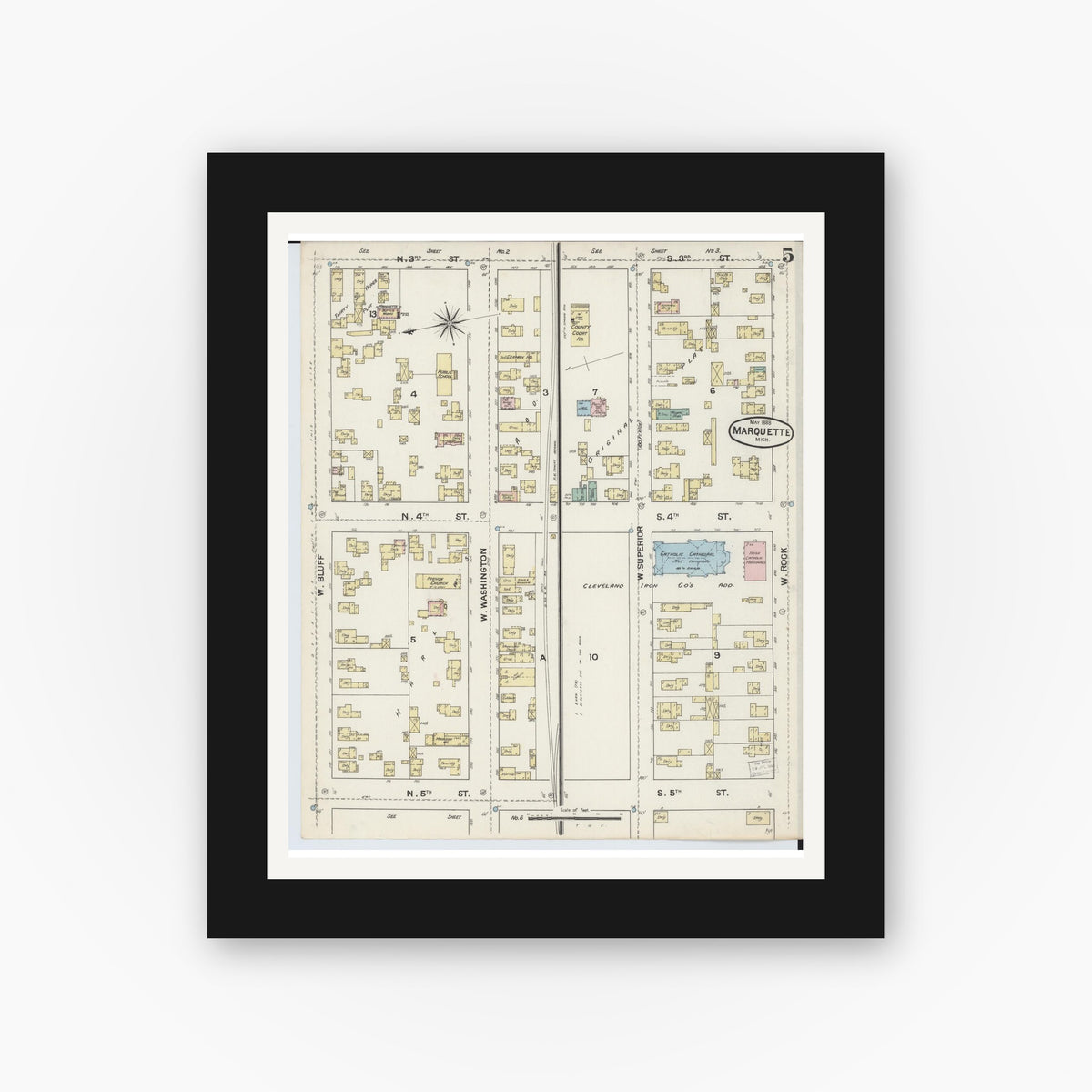 Old map wall art mockup — black gallery frame with white mat — Sanborn Fire Insurance Map from Marquette, Marquette County, Michigan (1888), Sheet #0005