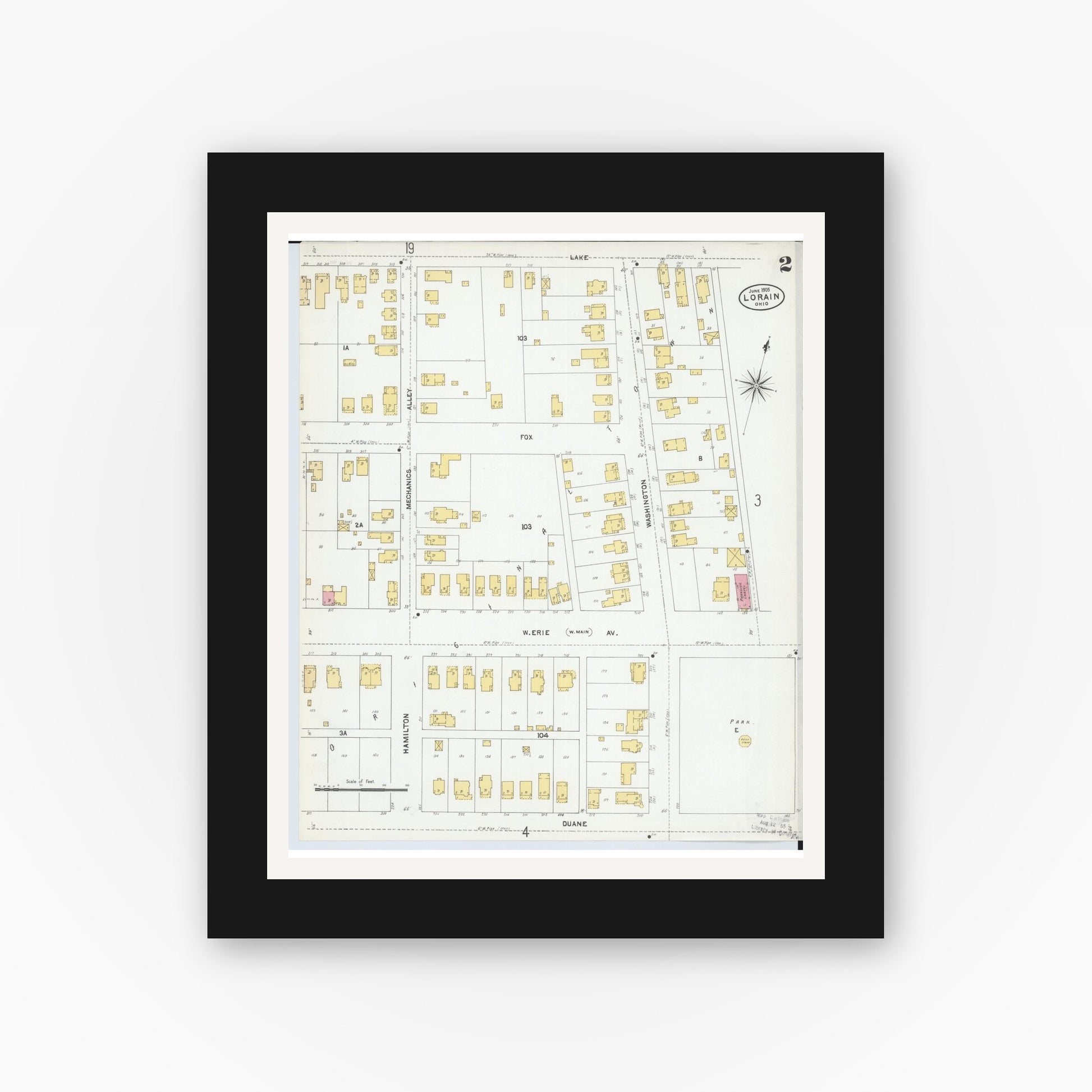 Old map wall art mockup — black gallery frame with white mat — Sanborn Fire Insurance Map from Lorain, Lorain County, Ohio (1905), Sheet #0002