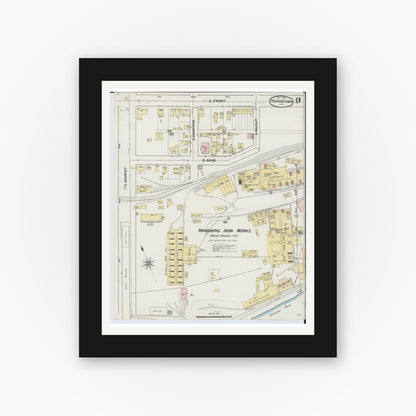 Old map wall art mockup — black gallery frame with white mat — Sanborn Fire Insurance Map from Youngstown, Mahoning County, Ohio (1889), Sheet #0009