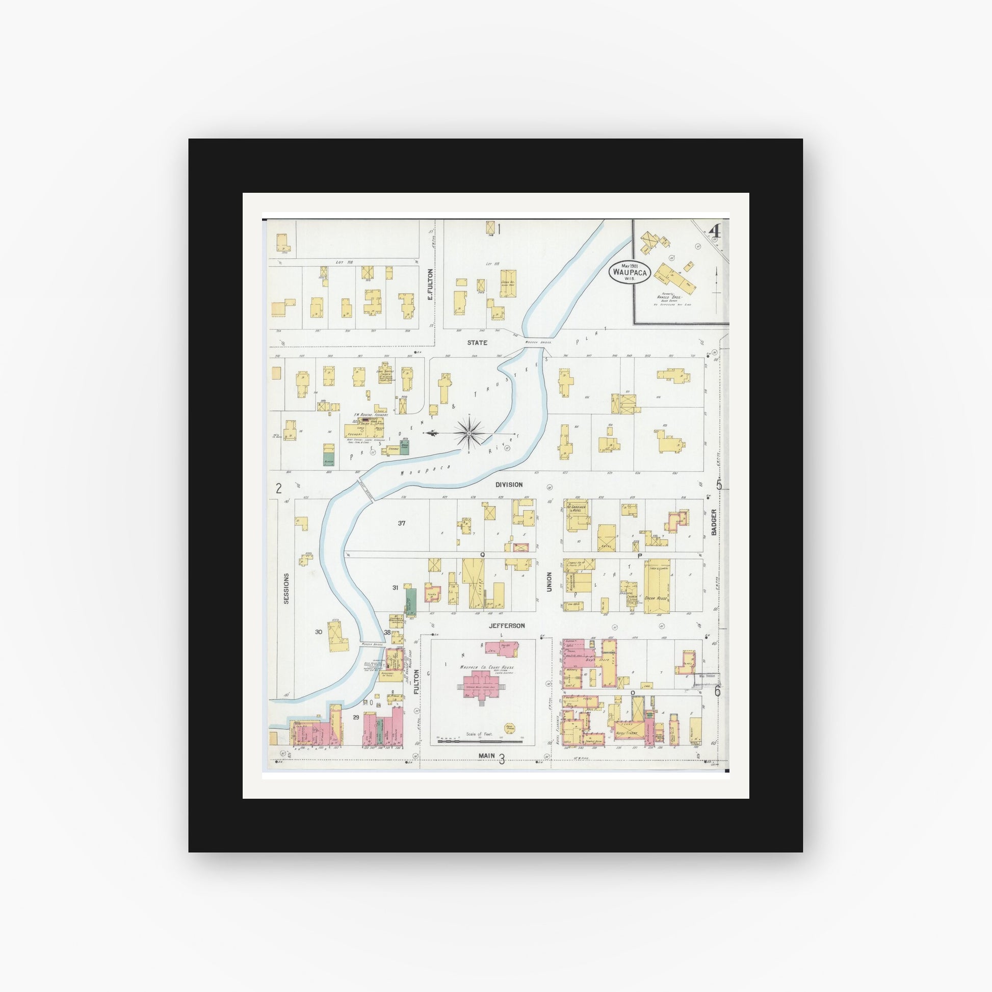 Old map wall art mockup — black gallery frame with white mat — Sanborn Fire Insurance Map from Waupaca, Waupaca County, Wisconsin (1901), Sheet #0004