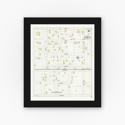 Old map wall art mockup — black gallery frame with white mat — Sanborn Fire Insurance Map from Clarksville, Red River County, Texas (1906), Sheet #0010