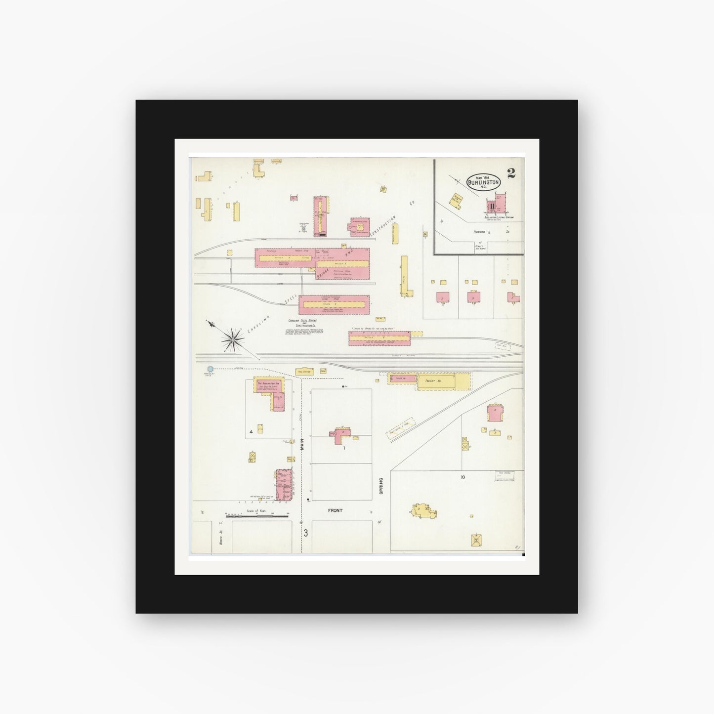 Old map wall art mockup — black gallery frame with white mat — Sanborn Fire Insurance Map from Burlington, Alamance County, North Carolina (1904), Sheet #0002