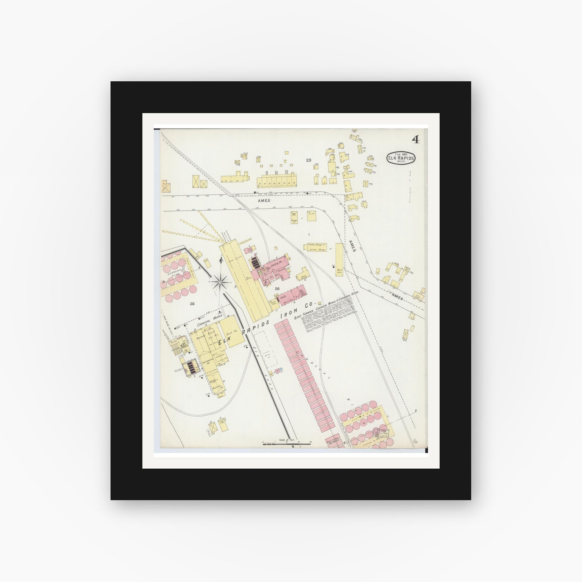 Old map wall art mockup — black gallery frame with white mat — Sanborn Fire Insurance Map from Elk Rapids, Antrim County, Michigan (1895), Sheet #0004
