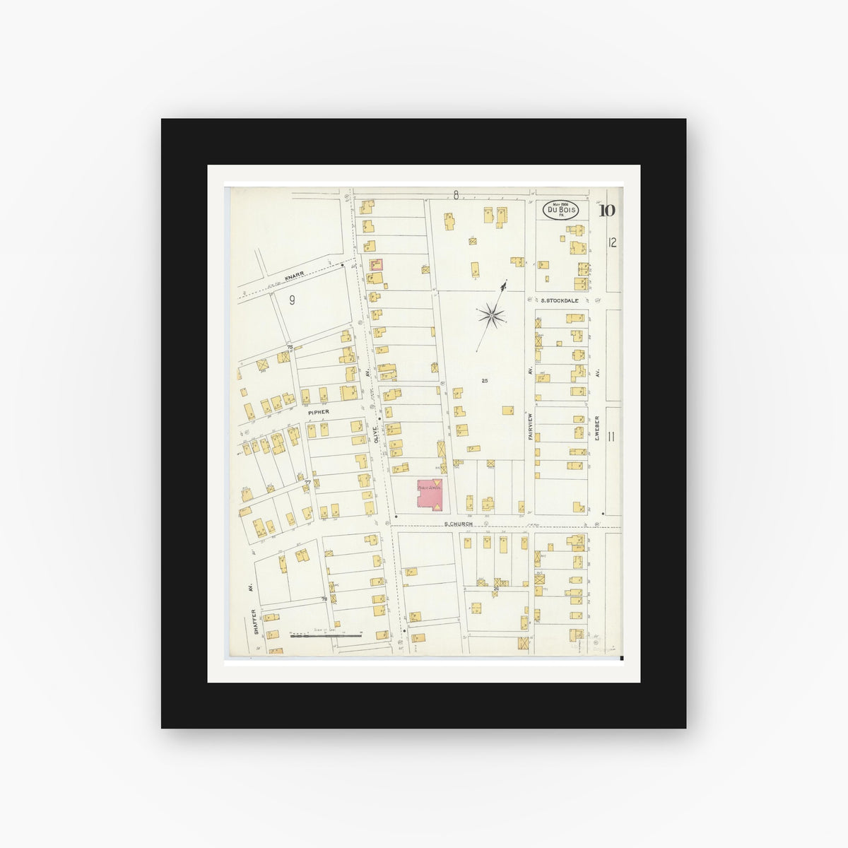 Old map wall art mockup — black gallery frame with white mat — Sanborn Fire Insurance Map from Du Bois, Clearfield County, Pennsylvania (1906), Sheet #0010